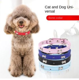 Pet bones pet collar PU dog collar adjustable cat collar pet jewelry (Color: Sky blue, size: 2.5*52cm)