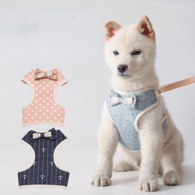 Pet leash Bowknot pet chest strap vest cat dog leash (Color: Light blue flowers, Specifications (length * width): S)