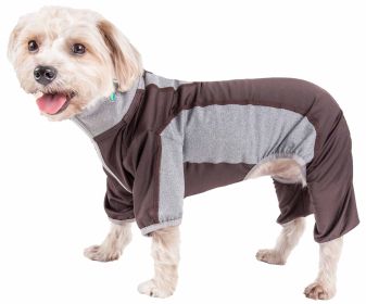 Pet Life Active 'Warm-Pup' Heathered Performance 4-Way Stretch Two-Toned Full Body Warm Up (Color: Brown, size: X-Small)